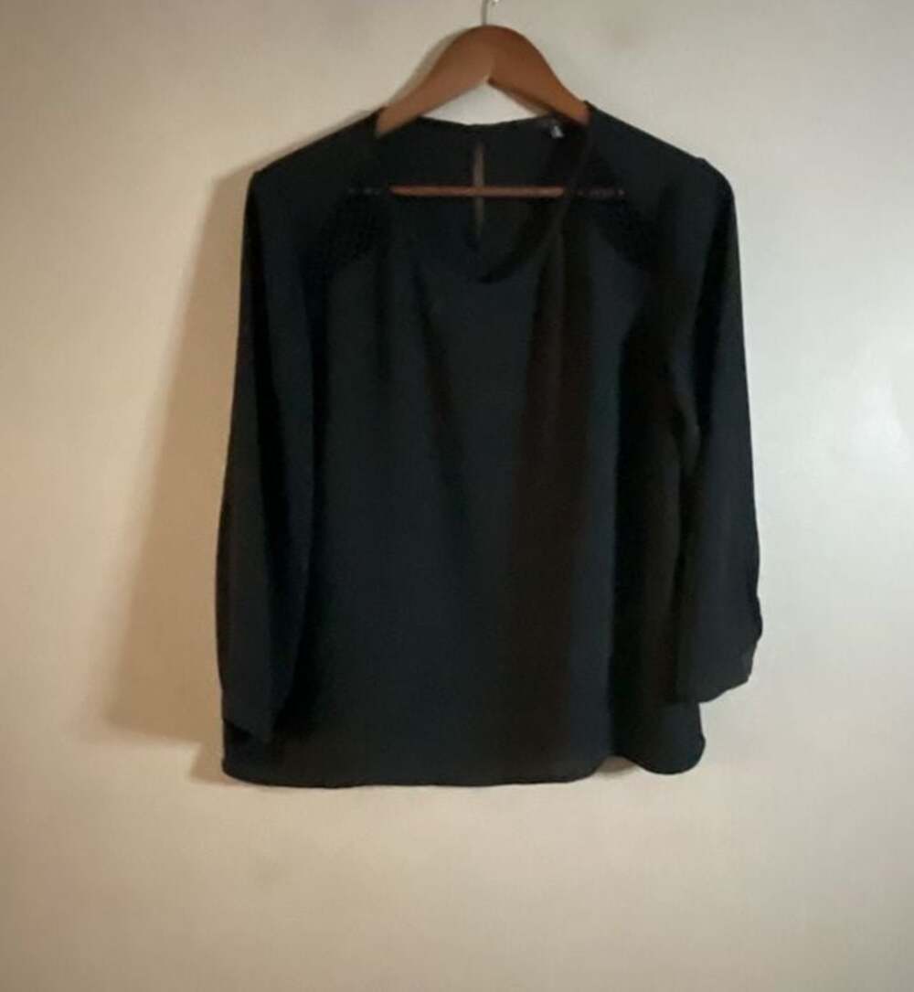 19 Cooper Black Long Sleeve Blouse with Crochet Lace Shoulder Detail